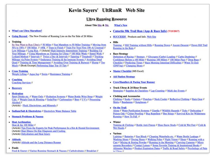 Screenshot del sito di Kevin Sayers': "UltRunR" semplice - ma fonte di una miniera di informazioni